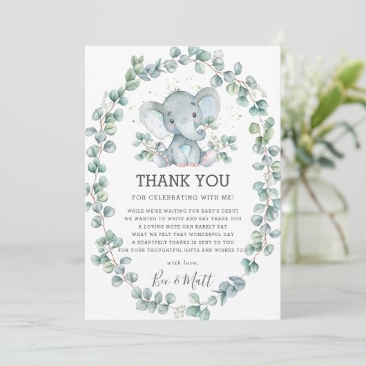 Schattigee olifant Baby shower groen eucalyptus jo Bedankkaart (Staand voorkant)