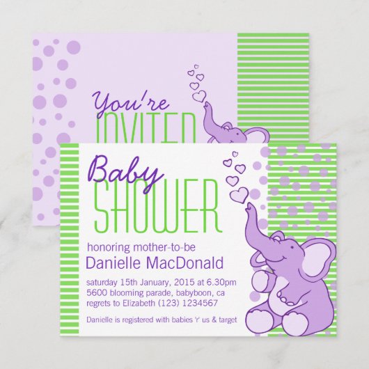 Schattigee Olifant baby shower paarse groene uitno Kaart (Voorkant / Achterkant)