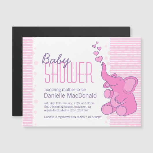 Schattigee olifant baby shower roze strepen magnetische uitnodiging (Voorkant / Achterkant)