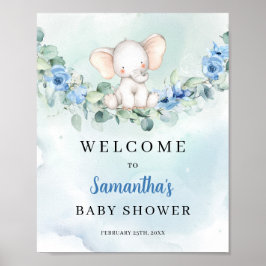 Schattigee olifant blauw bloemenBaby shower welkom Poster