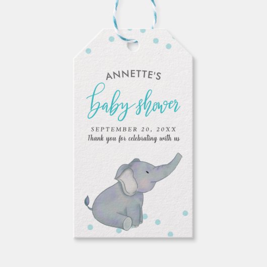 Schattigee olifant blauw Confetti Baby shower dank Cadeaulabel (Voorkant)