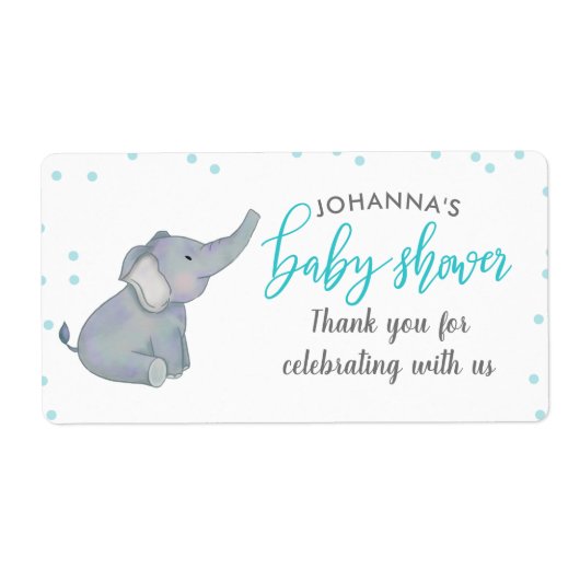 Schattigee olifant blauw Confetti Baby shower dank Etiket (Voorkant)