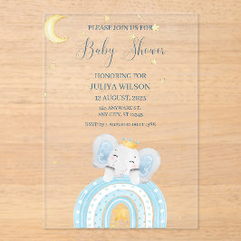 Schattigee olifant blauw jongen baby shower acryl uitnodigingen