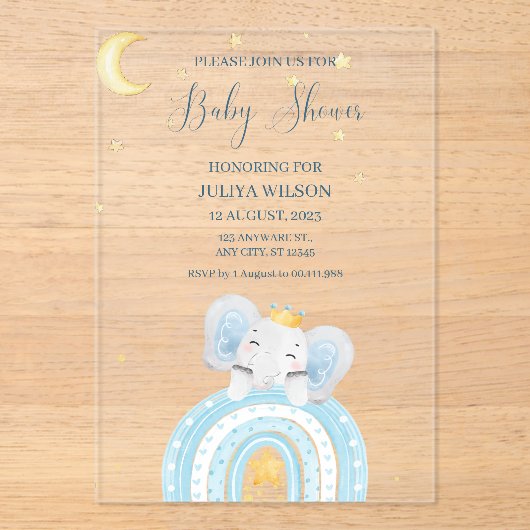Schattigee olifant blauw jongen baby shower acryl uitnodigingen (Voorkant)