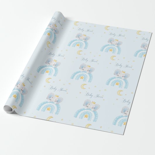 Schattigee olifant blauw jongen baby shower cadeaupapier (Uitgerold)
