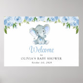 Schattigee Olifant, Blauwe Bloemen, Baby shower We Poster (Voorkant)