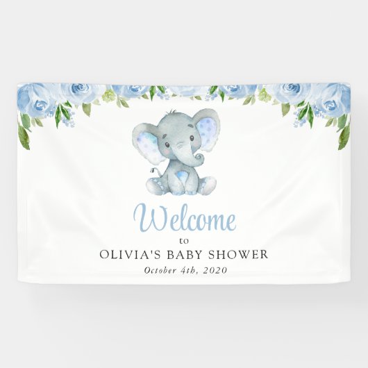 Schattigee Olifant, Blauwe Bloemen, Baby shower We Spandoek (Horizontaal)