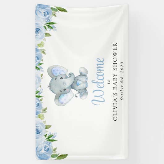 Schattigee Olifant, Blauwe Bloemen, Baby shower We Spandoek (Verticaal)