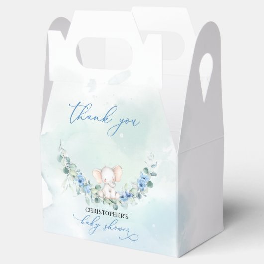 Schattigee olifant blauwe bloemen eucalyptus krans bedankdoosjes (Geopend)