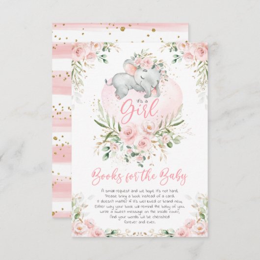 Schattigee Olifant Blush Gouden Bloemen Boeken voo Informatiekaartje (Voorkant / Achterkant)