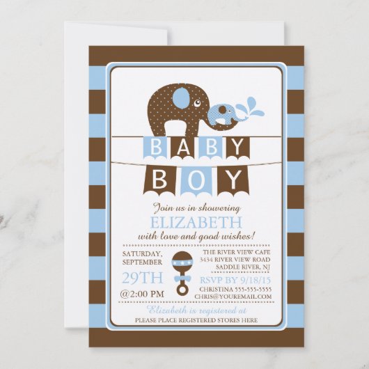 Schattigee Olifant Boys Baby shower Uitnodiging (Voorkant)