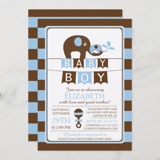 Schattigee Olifant Boys Baby shower Uitnodiging (Voorkant / Achterkant)