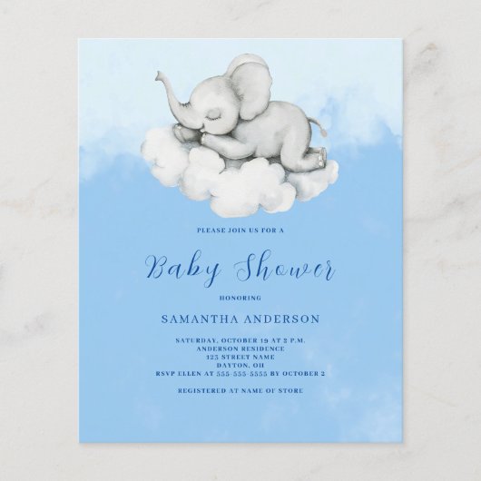 Schattigee Olifant Budget Boy Baby shower Uitnodig (Voorkant)