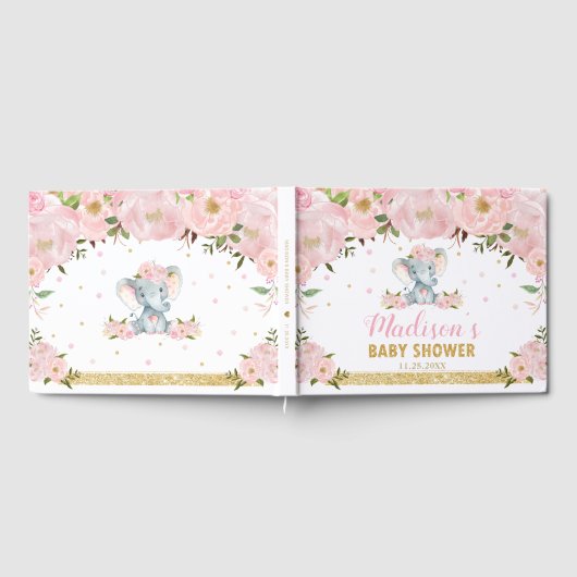 Schattigee olifant chique blush roze bloemige Baby Gastenboek (Volledig)