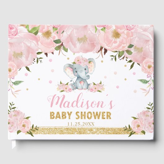 Schattigee olifant chique blush roze bloemige Baby Gastenboek (Voorkant)