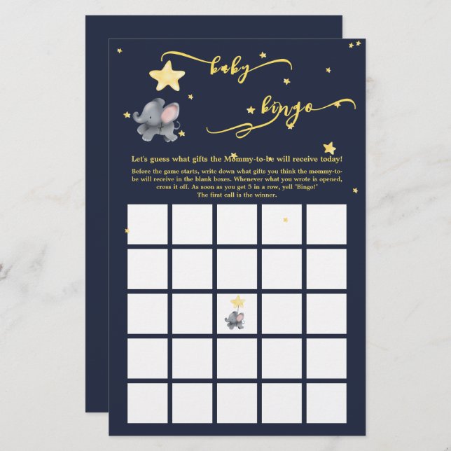 Schattigee olifant en ballon Baby bingo spel (Voorkant / Achterkant)