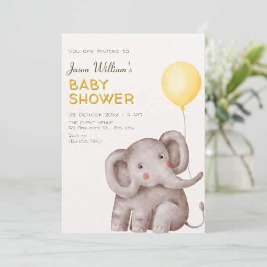 Schattigee olifant en ballon baby shower kaart (Staand voorkant)