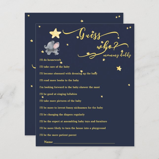 Schattigee olifant en ballon Baby shower spel (Voorkant / Achterkant)