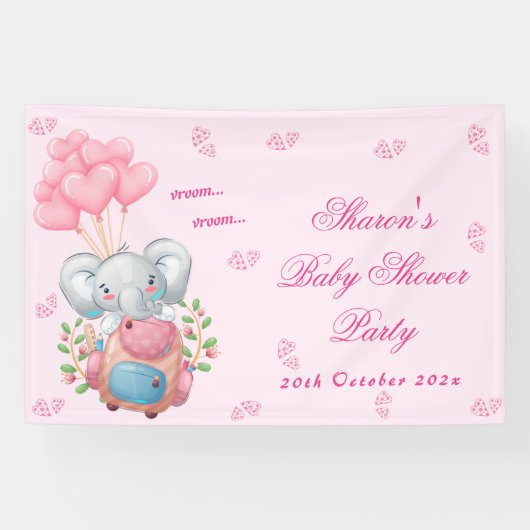 Schattigee olifant en roze ballon Baby shower Spandoek (Horizontaal)