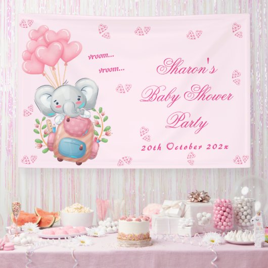 Schattigee olifant en roze ballon Baby shower Spandoek (Feest)