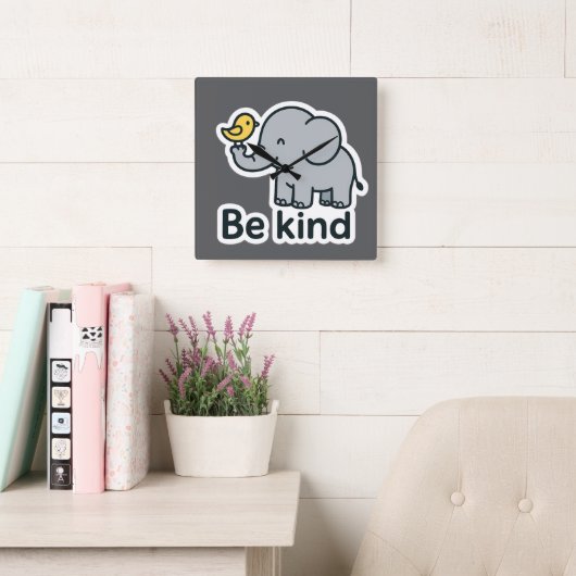 Schattigee olifant en vogel sticker vierkante klok (Leeskamer)