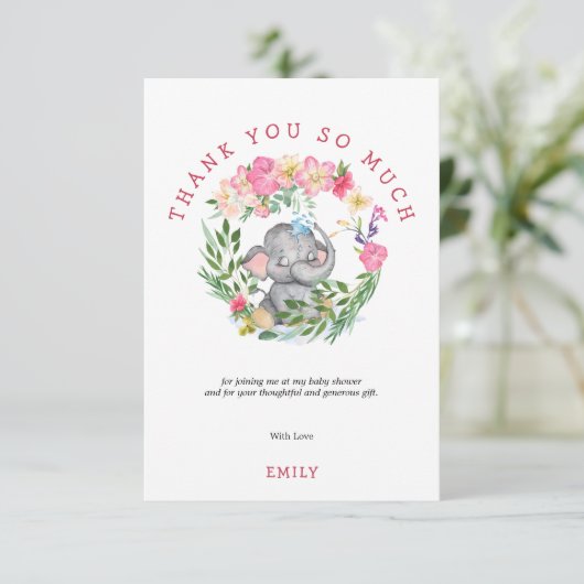 Schattigee Olifant Florals Foliage Roze Baby showe Bedankkaart (Staand voorkant)