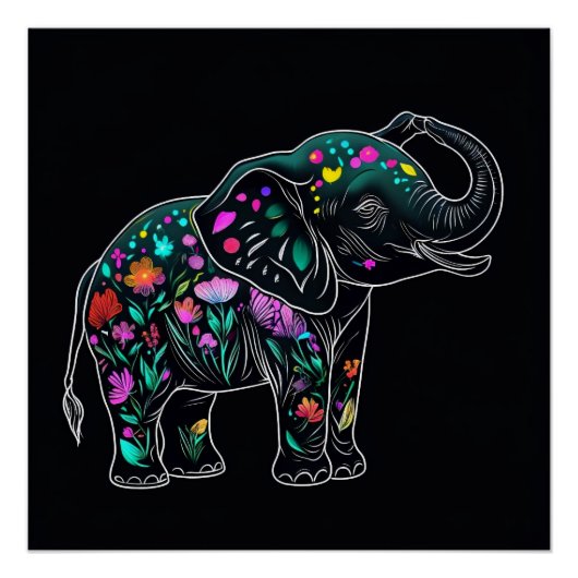 Schattigee olifant groet met kleurrijke bloemen li perfect poster (Voorkant)