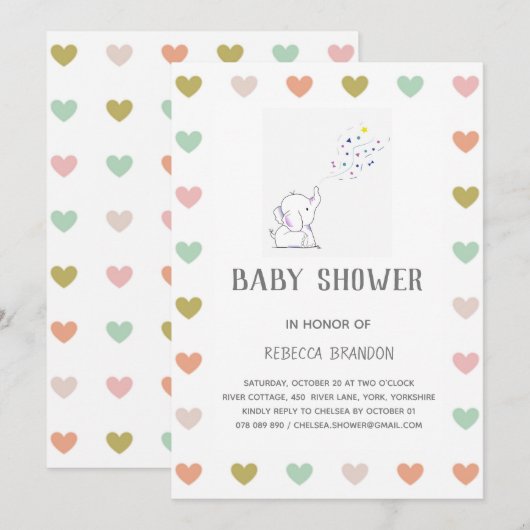 Schattigee Olifant Hearts Mood Baby shower Uitnodi Kaart (Voorkant / Achterkant)