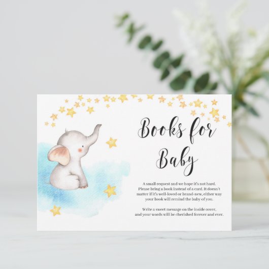 Schattigee olifant heteluchtballon gouden boek aan informatiekaartje (Staand voorkant)