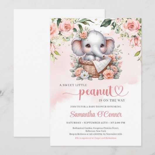 Schattigee olifant in bloemenmand boho blush rozen kaart (Voorkant / Achterkant)