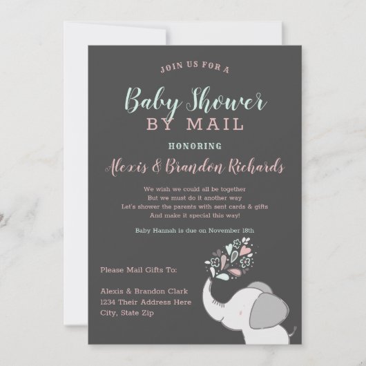 Schattigee olifant in roze en munt Baby shower per Kaart (Voorkant)