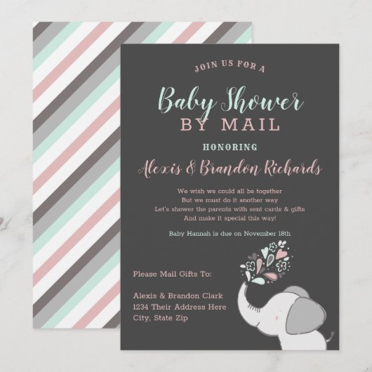 Schattigee olifant in roze en munt Baby shower per Kaart (Voorkant / Achterkant)