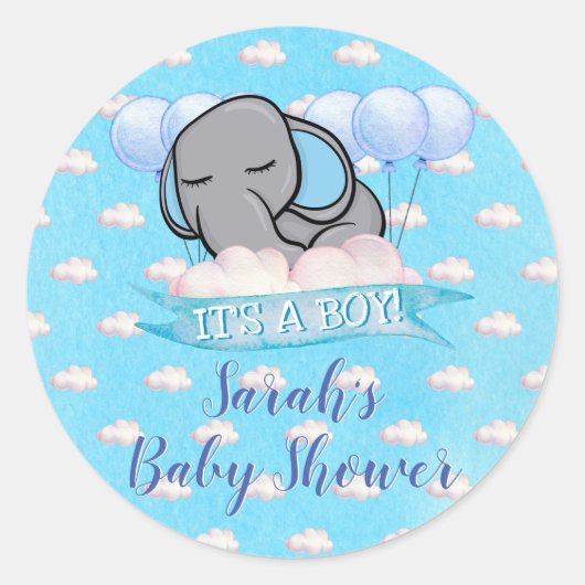 Schattigee Olifant Jongen Blauw Baby shower Waterv Ronde Sticker (Voorkant)
