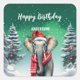 Schattigee olifant kerstboom verjaardagsfeestje vo vierkante sticker