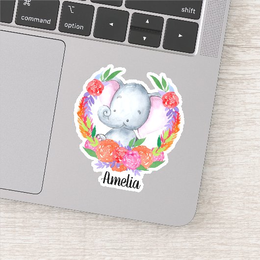 Schattigee olifant kleurrijke bloemen gepersonalis sticker (Detail)