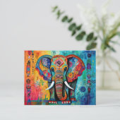 Schattigee olifant kleurrijke funky gemengde media briefkaart (Staand voorkant)