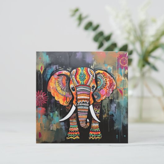 Schattigee olifant kleurrijke funky gemengde media kaart (Staand voorkant)