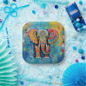 Schattigee olifant kleurrijke funky gemengde media papieren bordje (Feest)