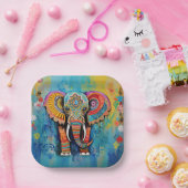 Schattigee olifant kleurrijke funky gemengde media papieren bordje (Feest)