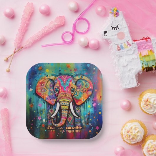Schattigee olifant kleurrijke funky gemengde media papieren bordje (Feest)