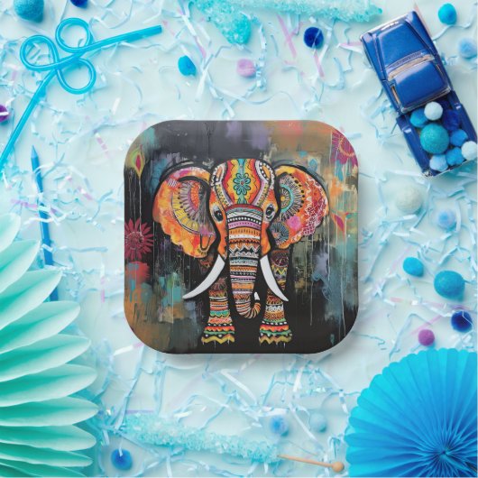 Schattigee olifant kleurrijke funky gemengde media papieren bordje (Feest)