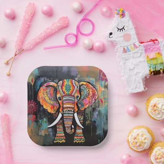 Schattigee olifant kleurrijke funky gemengde media papieren bordje (Feest)