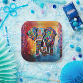 Schattigee olifant kleurrijke funky gemengde media papieren bordje (Feest)