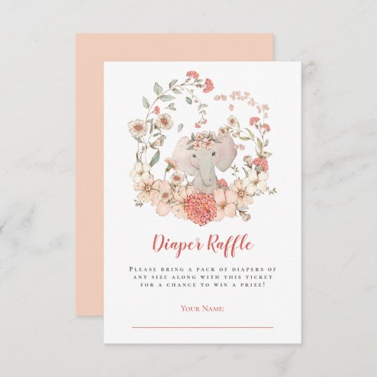 Schattigee olifant luier raffle perzik Baby shower Informatiekaartje (Voorkant / Achterkant)