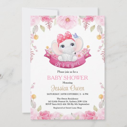 Schattigee Olifant Meisje Baby shower Uitnodiging (Voorkant)