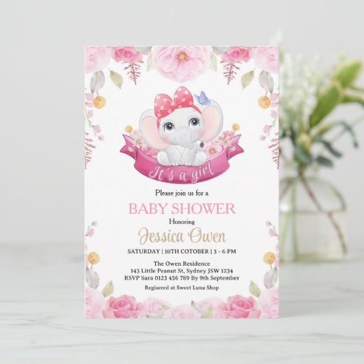 Schattigee Olifant Meisje Baby shower Uitnodiging (Staand voorkant)
