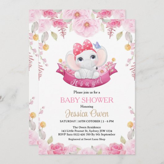 Schattigee Olifant Meisje Baby shower Uitnodiging (Voorkant / Achterkant)