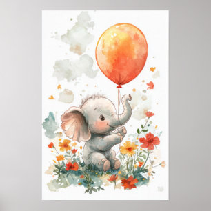 Schattigee olifant met ballon Waterverf Poster