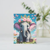 Schattigee olifant met bloemkroon briefkaart (Staand voorkant)