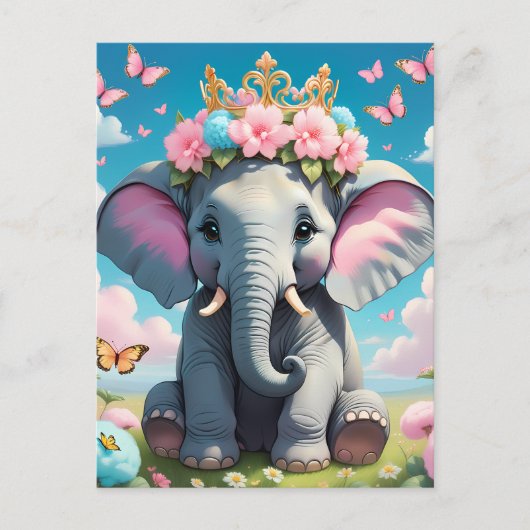 Schattigee olifant met bloemkroon briefkaart (Voorkant)